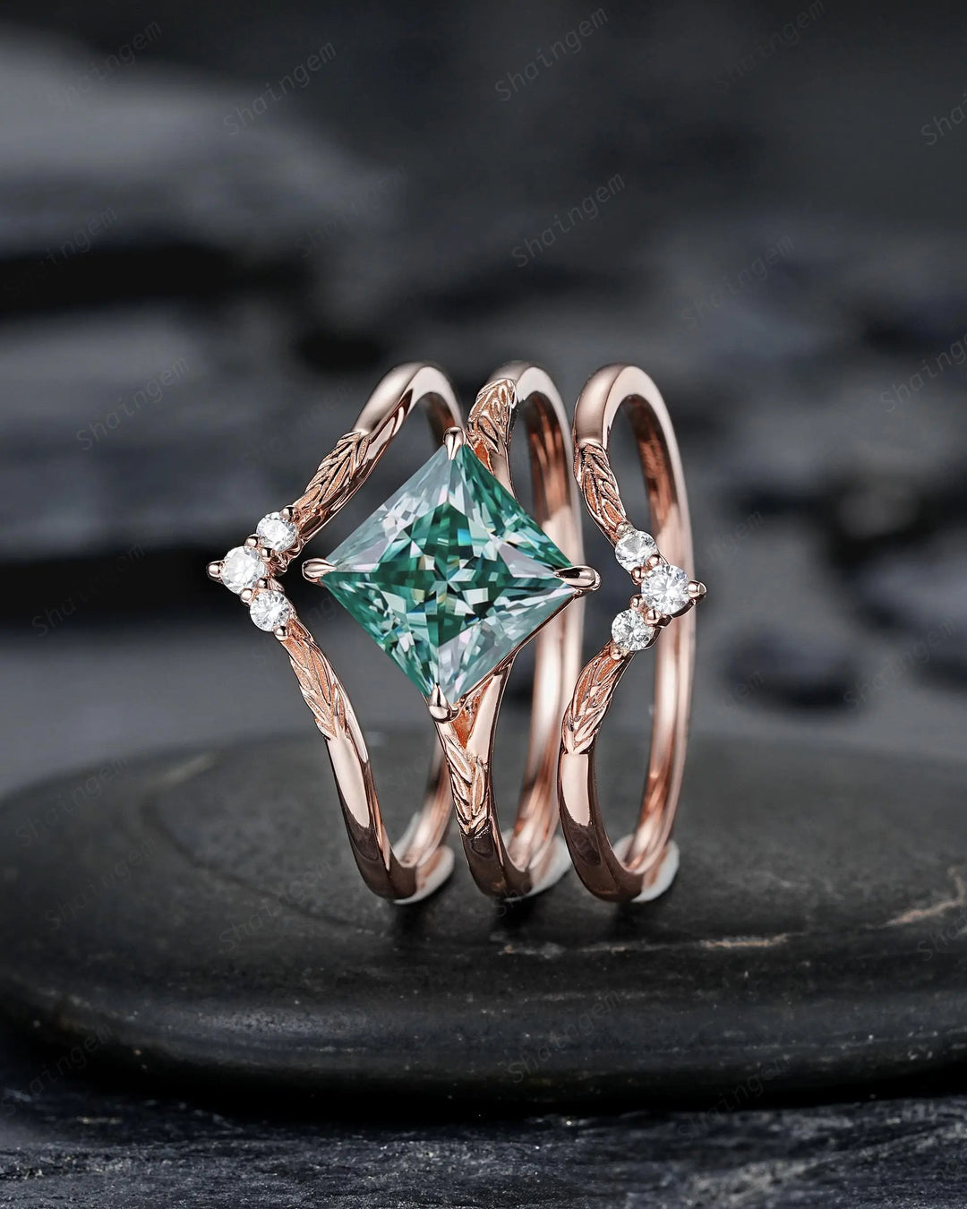 Unique 3PCS Princess Cut Green Moissanite Solitaire Engagement Ring: Nature Inspired Leaf Wedding Set Rose Gold Promise Silver 925, Platinum - ShainJewelry