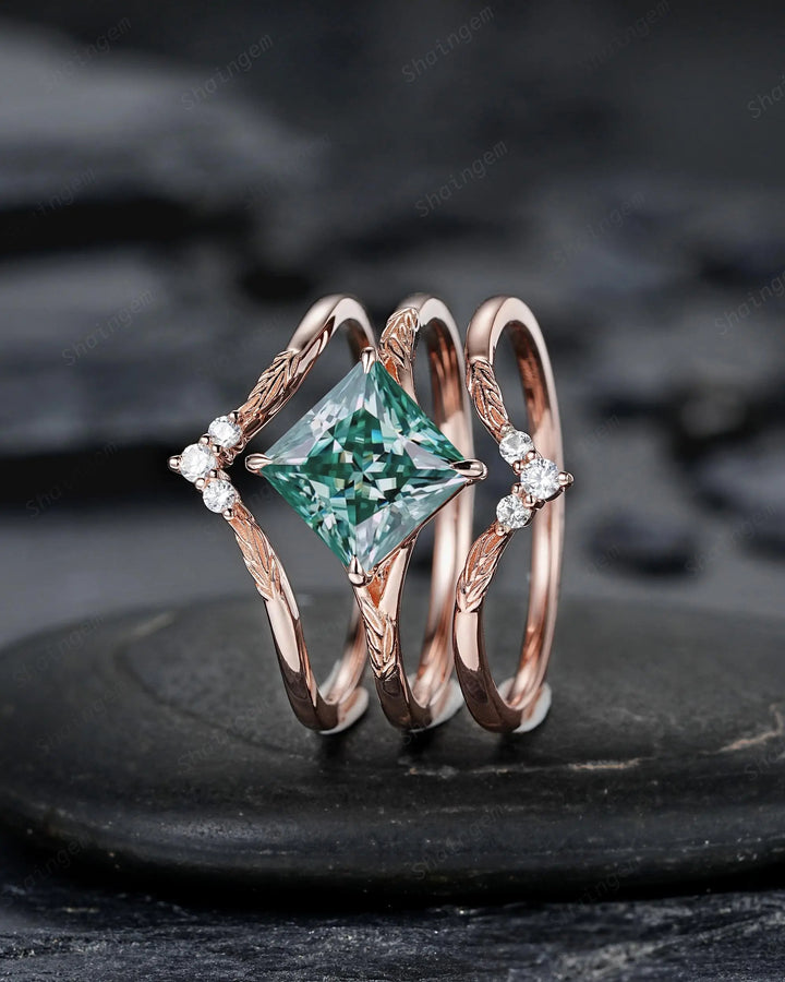 Unique 3PCS Princess Cut Green Moissanite Solitaire Engagement Ring: Nature Inspired Leaf Wedding Set Rose Gold Promise Silver 925, Platinum - ShainJewelry