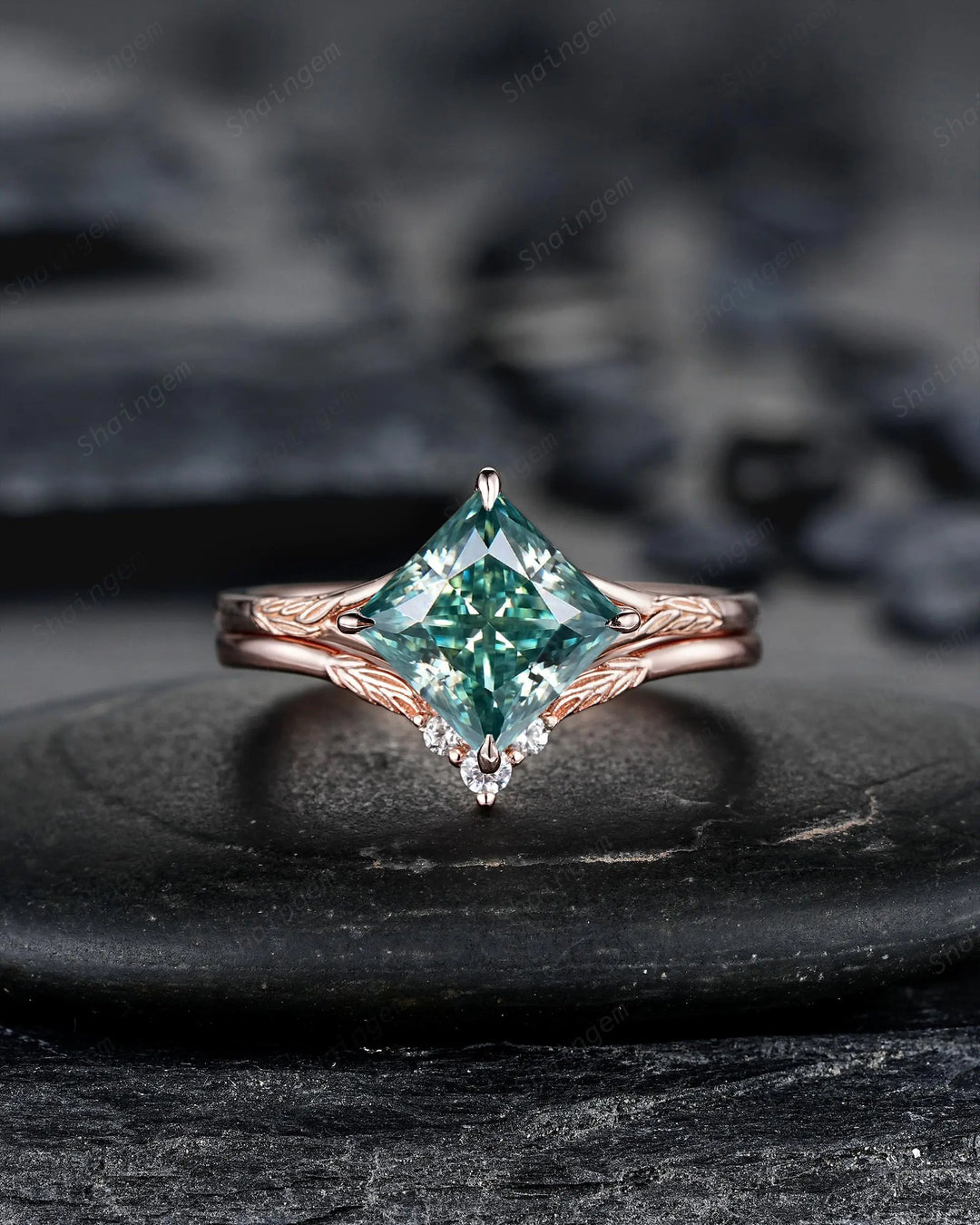 Unique 3PCS Princess Cut Green Moissanite Solitaire Engagement Ring: Nature Inspired Leaf Wedding Set Rose Gold Promise Silver 925, Platinum - ShainJewelry