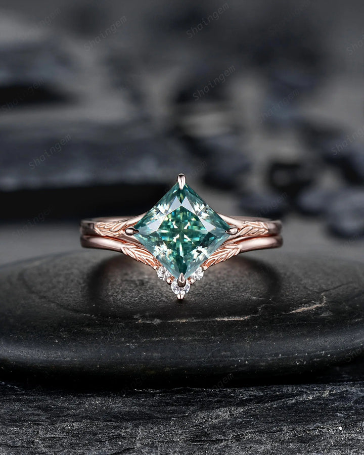 Unique 3PCS Princess Cut Green Moissanite Solitaire Engagement Ring: Nature Inspired Leaf Wedding Set Rose Gold Promise Silver 925, Platinum - ShainJewelry