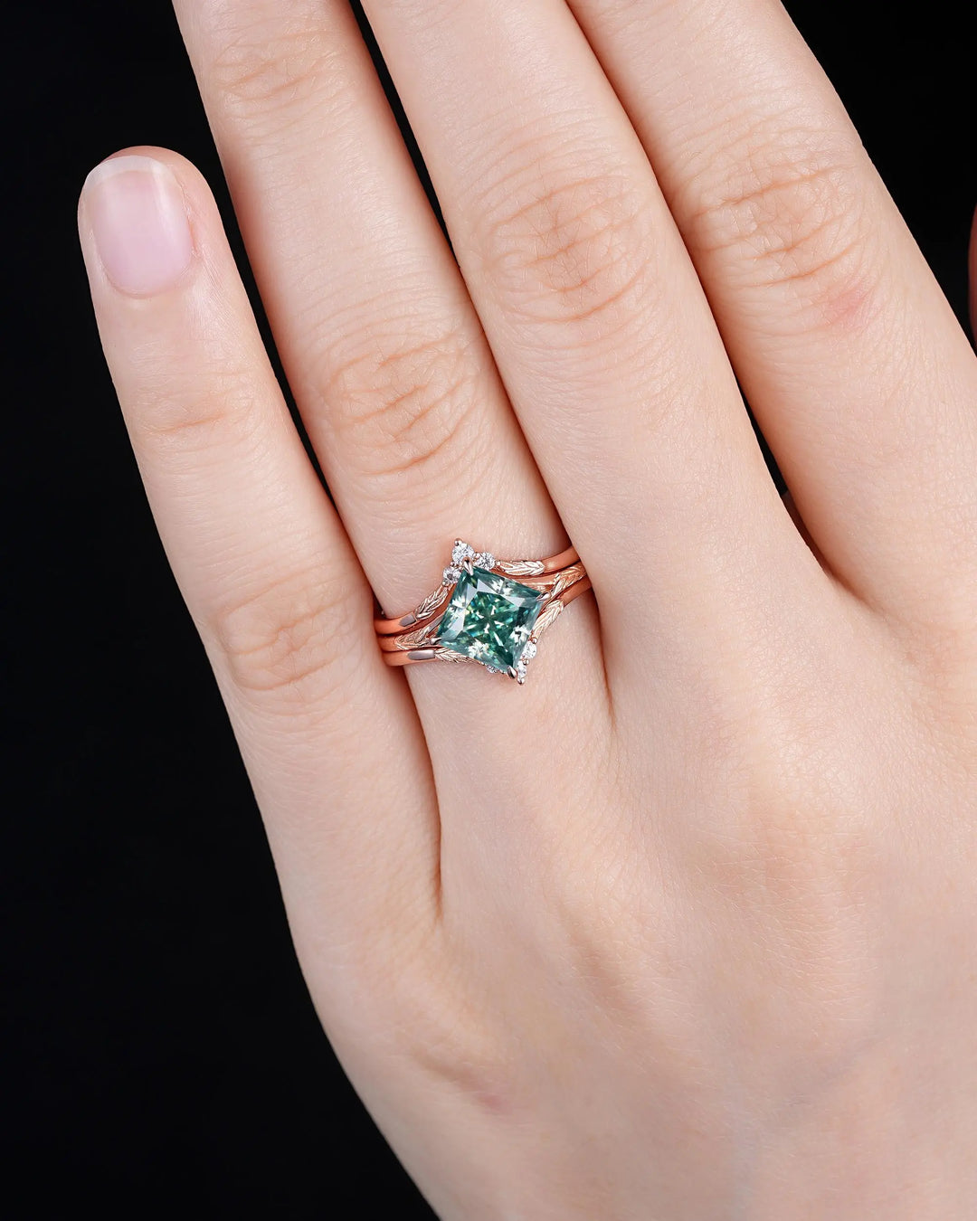 Unique 3PCS Princess Cut Green Moissanite Solitaire Engagement Ring: Nature Inspired Leaf Wedding Set Rose Gold Promise Silver 925, Platinum - ShainJewelry