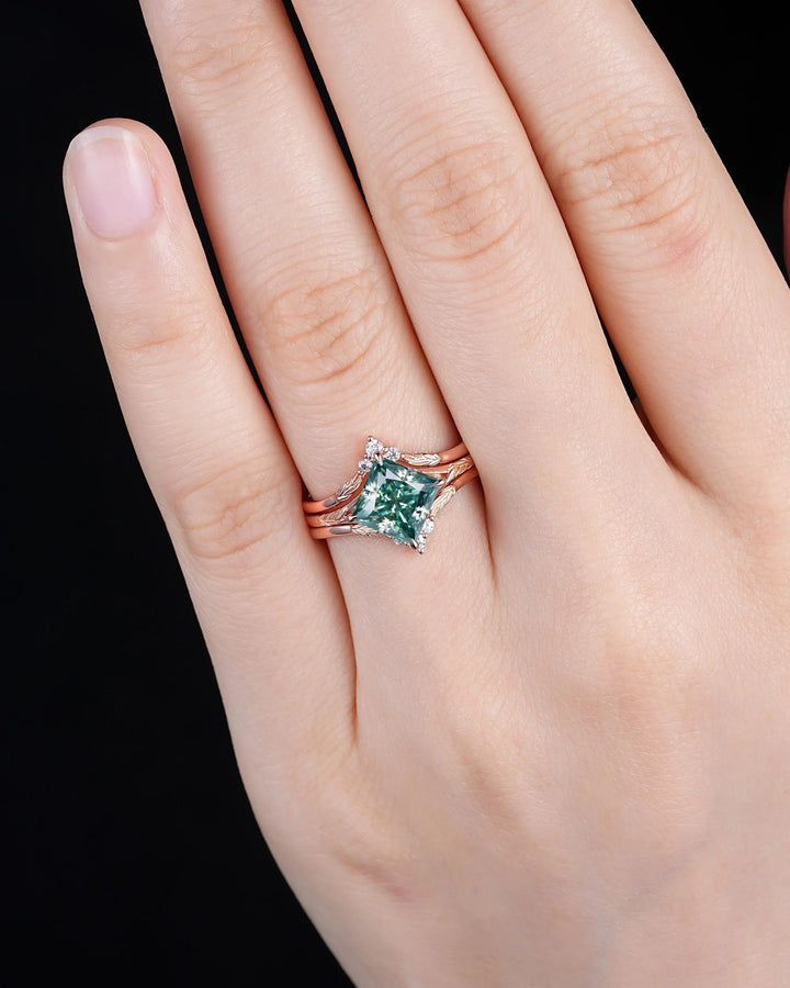 Unique 3PCS Princess Cut Green Moissanite Solitaire Engagement Ring: Nature Inspired Leaf Wedding Set Rose Gold Promise Silver 925, Platinum - ShainJewelry
