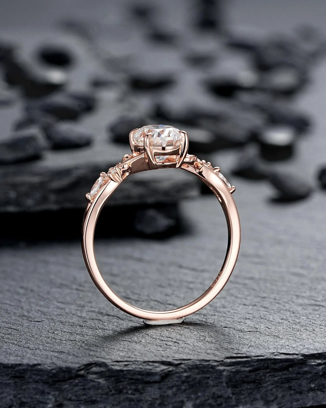 Oval Shape Moissanite Leaf Engagement Ring Set: Unique 10K 14K 18K Rose Gold Twig Branch Vine Wedding Promise Platinum, 925 Silver Gift - ShainJewelry
