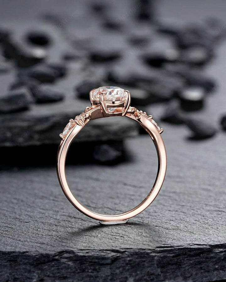 Oval Shape Moissanite Leaf Engagement Ring Set: Unique 10K 14K 18K Rose Gold Twig Branch Vine Wedding Promise Platinum, 925 Silver Gift - ShainJewelry
