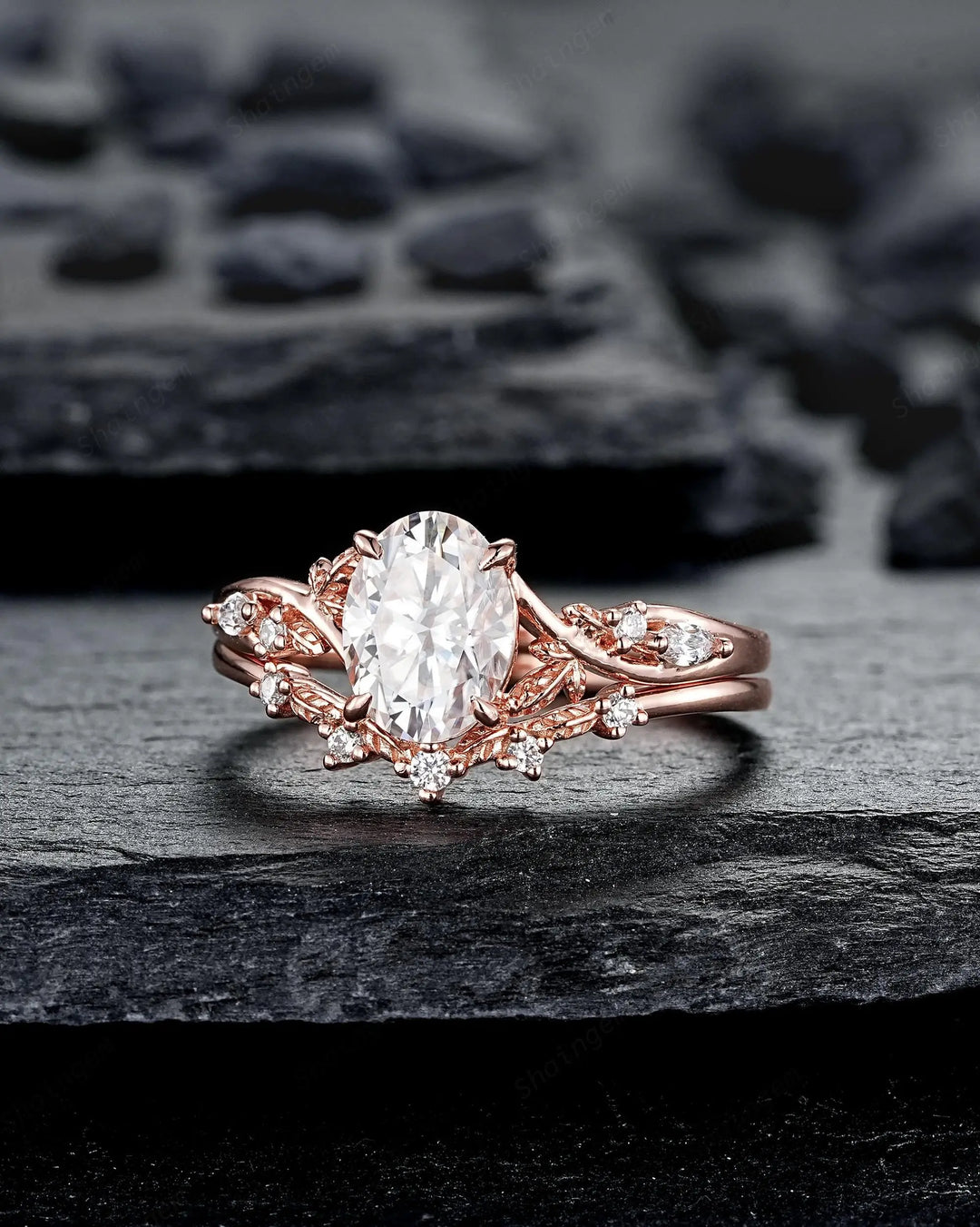 Oval Shape Moissanite Leaf Engagement Ring Set: Unique 10K 14K 18K Rose Gold Twig Branch Vine Wedding Promise Platinum, 925 Silver Gift - ShainJewelry