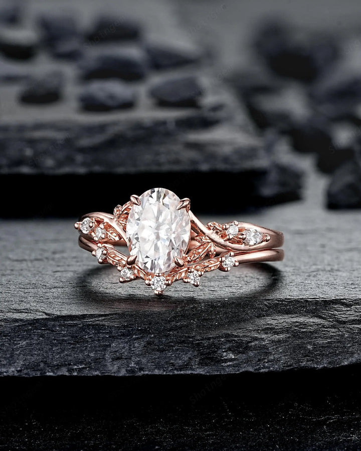 Oval Shape Moissanite Leaf Engagement Ring Set: Unique 10K 14K 18K Rose Gold Twig Branch Vine Wedding Promise Platinum, 925 Silver Gift - ShainJewelry