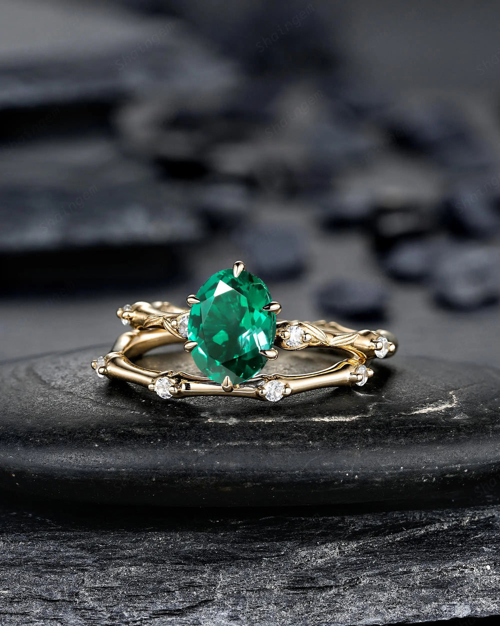 Oval Shape Green Emerald Engagement Ring Set: 10K 14K 18K Yellow Gold Promise Wedding Platinum Nature Inspired Bamboo Knot Leaf Silver 925 - ShainJewelry