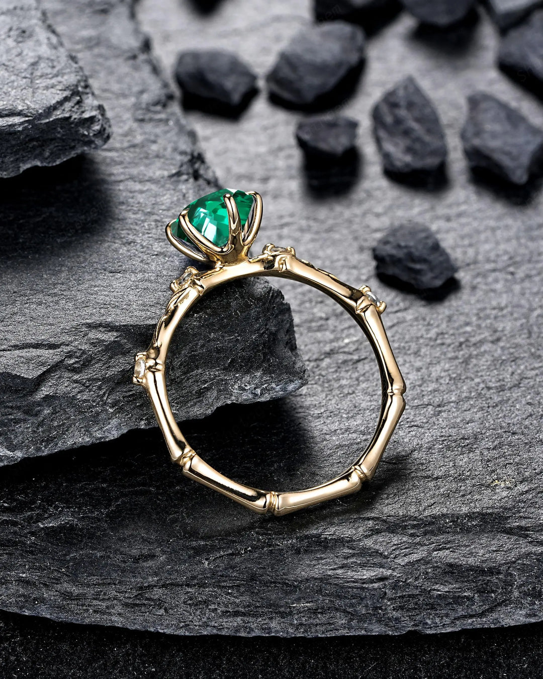 Oval Shape Green Emerald Engagement Ring Set: 10K 14K 18K Yellow Gold Promise Wedding Platinum Nature Inspired Bamboo Knot Leaf Silver 925 - ShainJewelry
