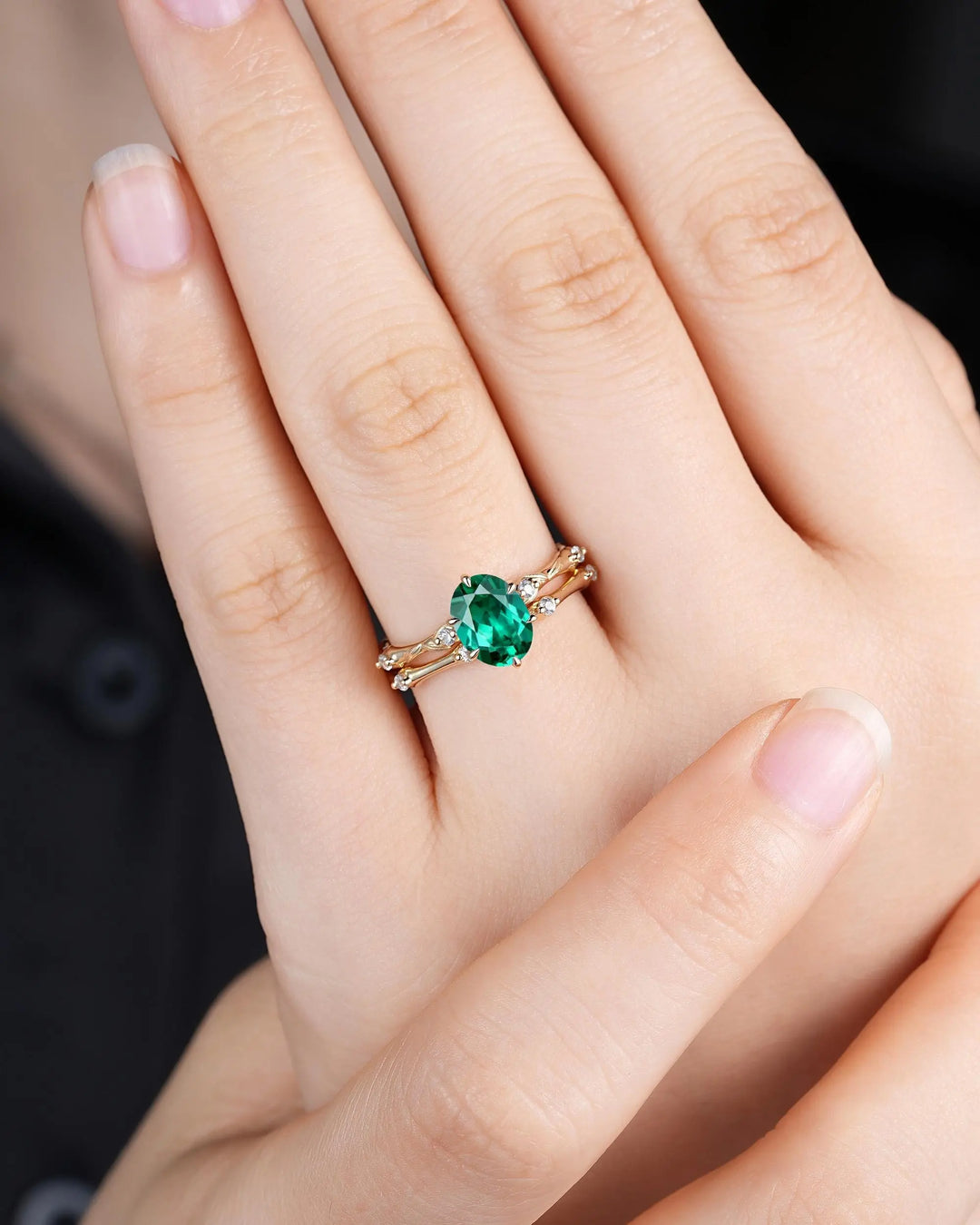 Oval Shape Green Emerald Engagement Ring Set: 10K 14K 18K Yellow Gold Promise Wedding Platinum Nature Inspired Bamboo Knot Leaf Silver 925 - ShainJewelry