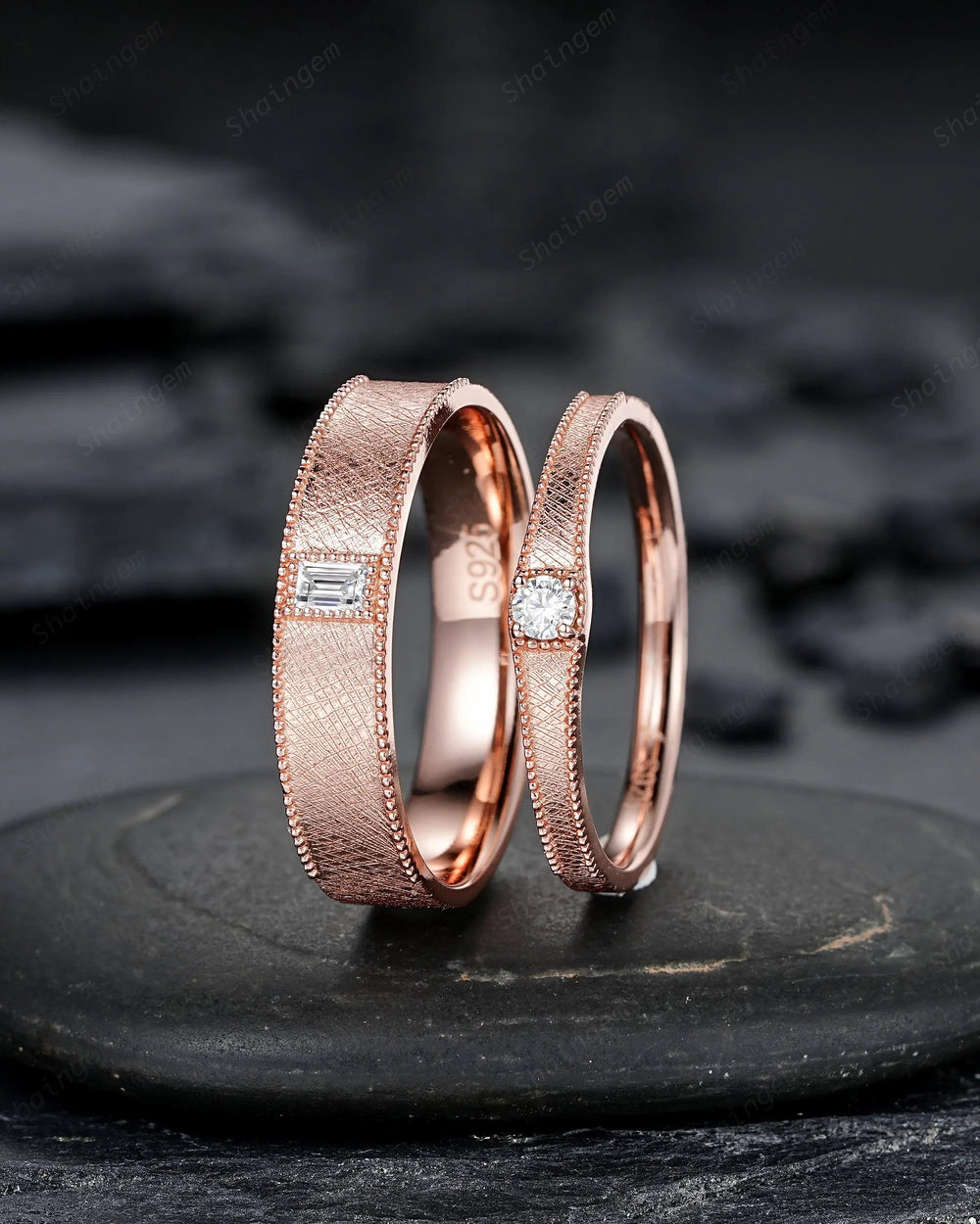 Brushed Satin Full Eternity His and Hers Baguette Moissanite Solitaire Couple Ring Set, Rose Gold Matching Wedding Band Promise Engagement - ShainJewelry