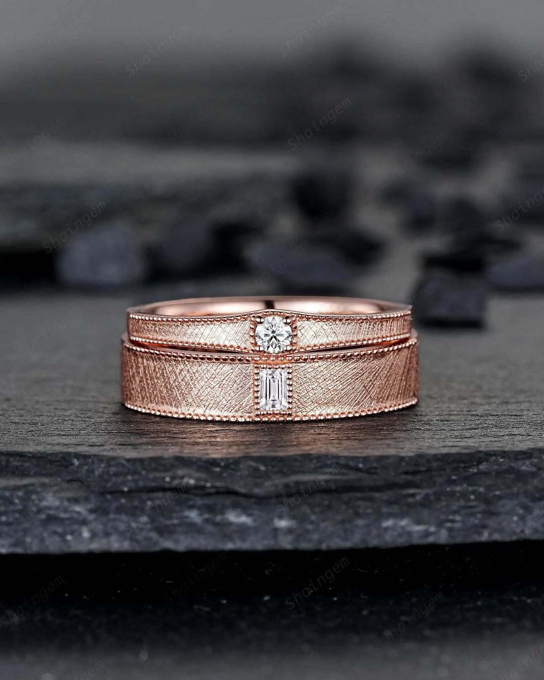 Brushed Satin Full Eternity His and Hers Baguette Moissanite Solitaire Couple Ring Set, Rose Gold Matching Wedding Band Promise Engagement - ShainJewelry