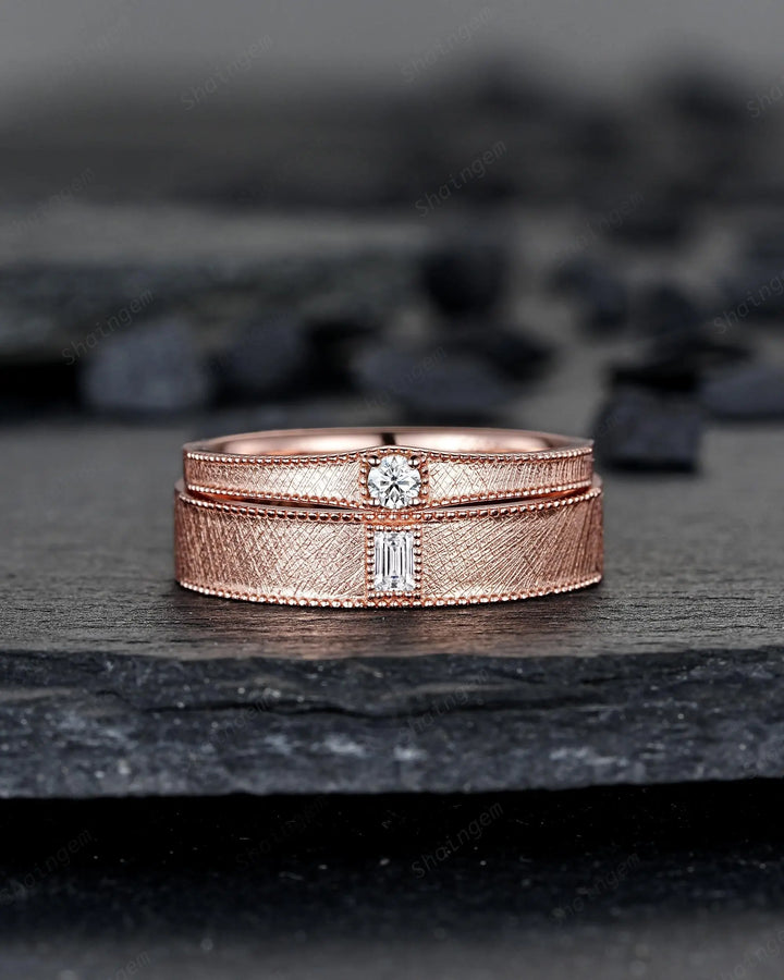 Brushed Satin Full Eternity His and Hers Baguette Moissanite Solitaire Couple Ring Set, Rose Gold Matching Wedding Band Promise Engagement - ShainJewelry