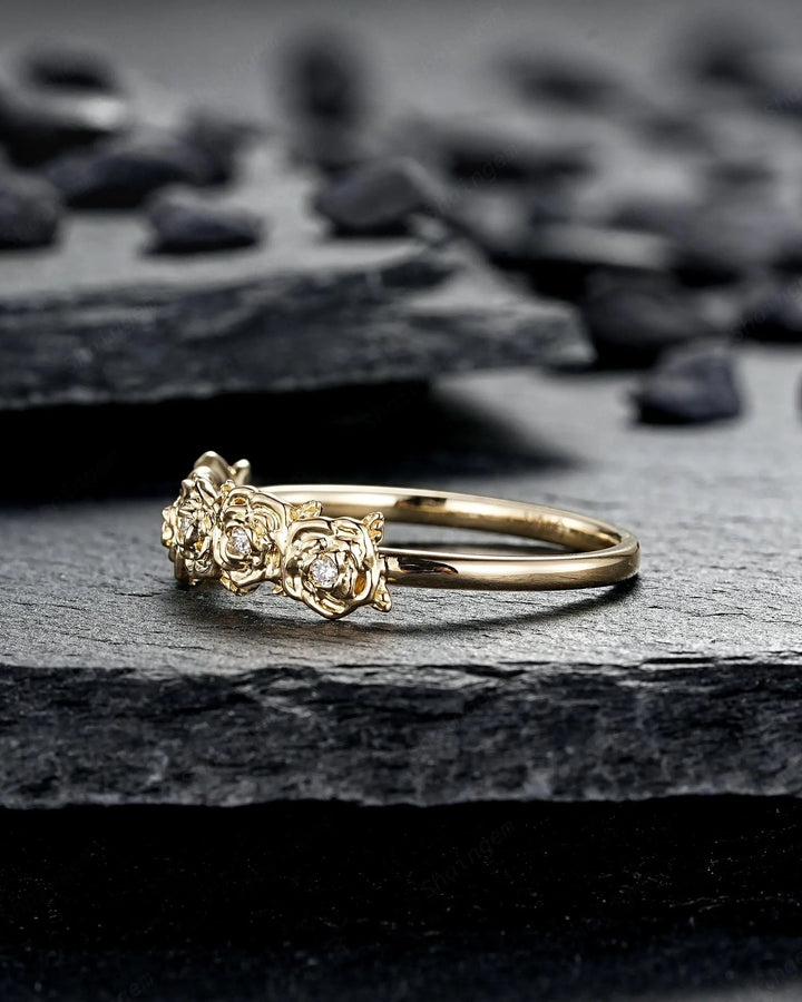 Women's Rose Flower Floral Wedding Band, 10K 14K 18K Yellow Gold Engagement Ring, 925 Silver Nature Inspired Platinum Promise Matching Band - ShainJewelry