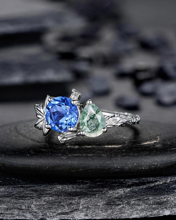 Platinum Sapphire and Moss Agate Maple Leaf Engagement Ring, White Gold Nature Inspired Vine Promise Wedding Two Stones Silver 925 - ShainJewelry