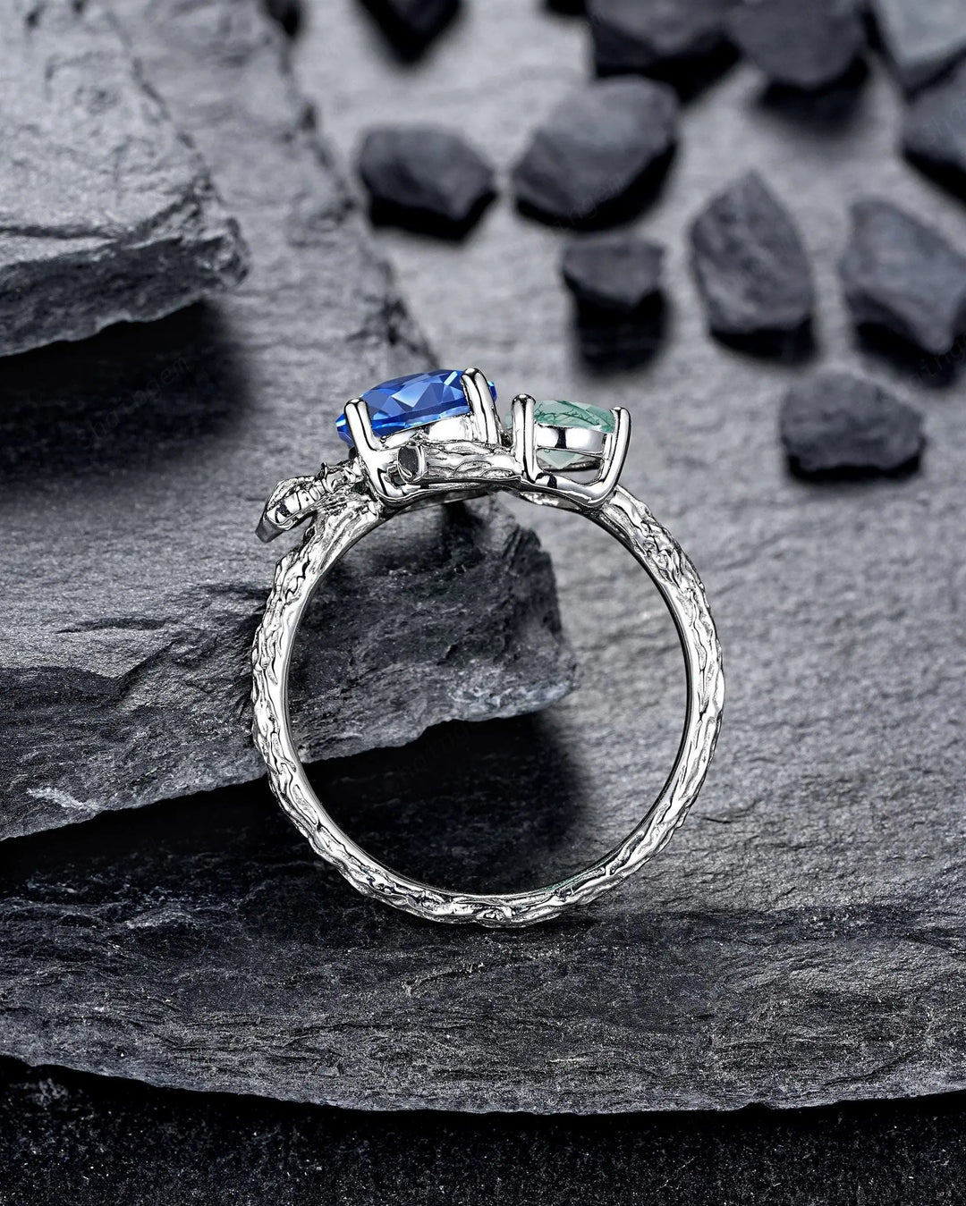 Platinum Sapphire and Moss Agate Maple Leaf Engagement Ring, White Gold Nature Inspired Vine Promise Wedding Two Stones Silver 925 - ShainJewelry