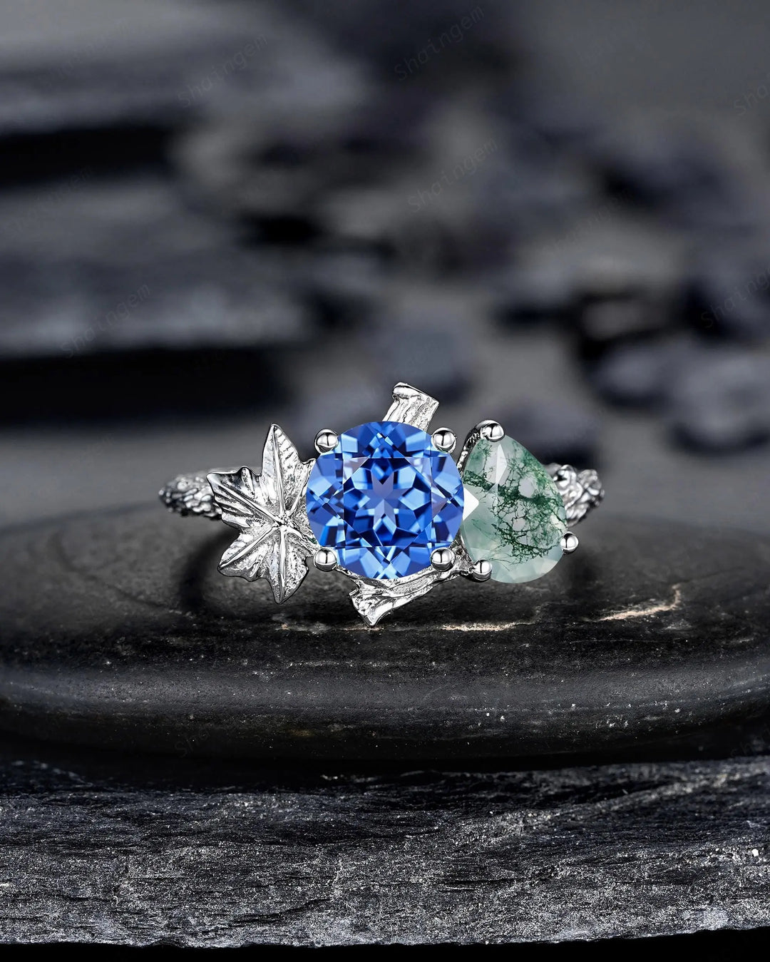Platinum Sapphire and Moss Agate Maple Leaf Engagement Ring, White Gold Nature Inspired Vine Promise Wedding Two Stones Silver 925 - ShainJewelry