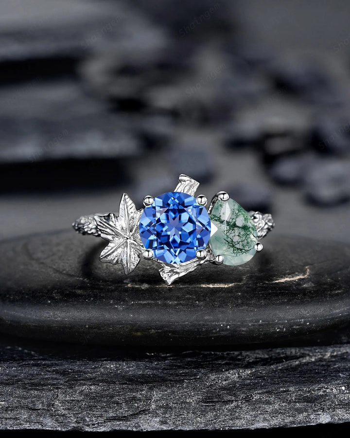 Platinum Sapphire and Moss Agate Maple Leaf Engagement Ring, White Gold Nature Inspired Vine Promise Wedding Two Stones Silver 925 - ShainJewelry