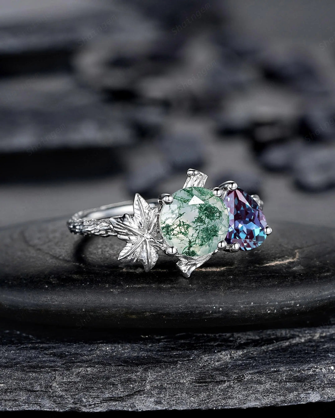 Platinum Two Tone Moss Agate and Alexandrite Maple Leaf Engagement Ring, White Gold Nature Inspired Vine Promise Wedding Two Stones Silver - ShainJewelry