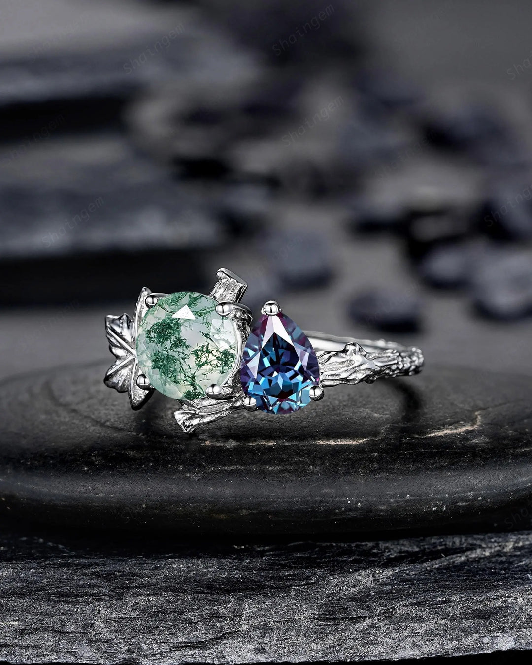 Platinum Two Tone Moss Agate and Alexandrite Maple Leaf Engagement Ring, White Gold Nature Inspired Vine Promise Wedding Two Stones Silver - ShainJewelry
