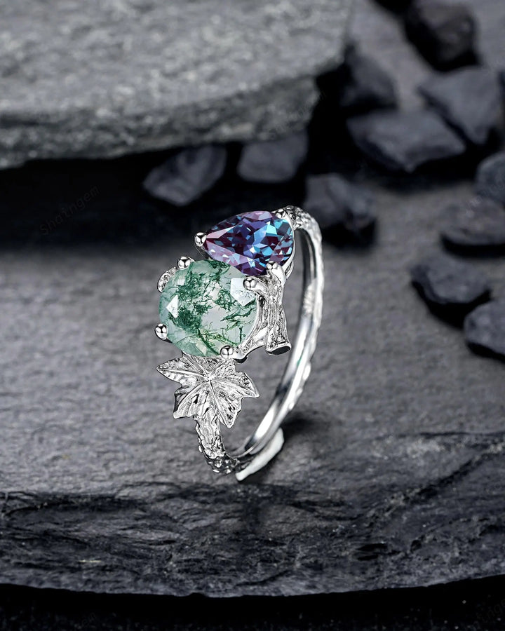 Platinum Two Tone Moss Agate and Alexandrite Maple Leaf Engagement Ring, White Gold Nature Inspired Vine Promise Wedding Two Stones Silver - ShainJewelry