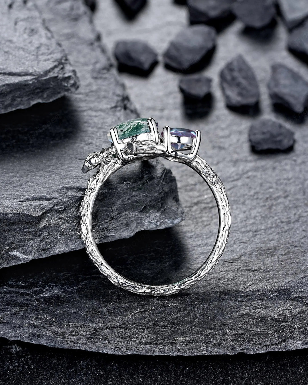 Platinum Two Tone Moss Agate and Alexandrite Maple Leaf Engagement Ring, White Gold Nature Inspired Vine Promise Wedding Two Stones Silver - ShainJewelry