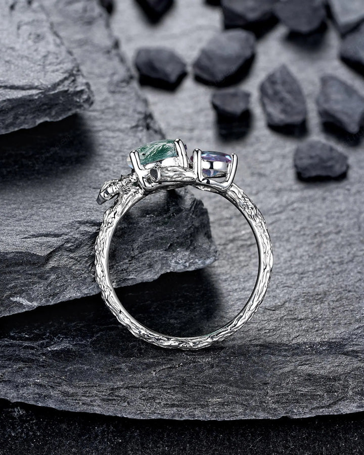 Platinum Two Tone Moss Agate and Alexandrite Maple Leaf Engagement Ring, White Gold Nature Inspired Vine Promise Wedding Two Stones Silver - ShainJewelry