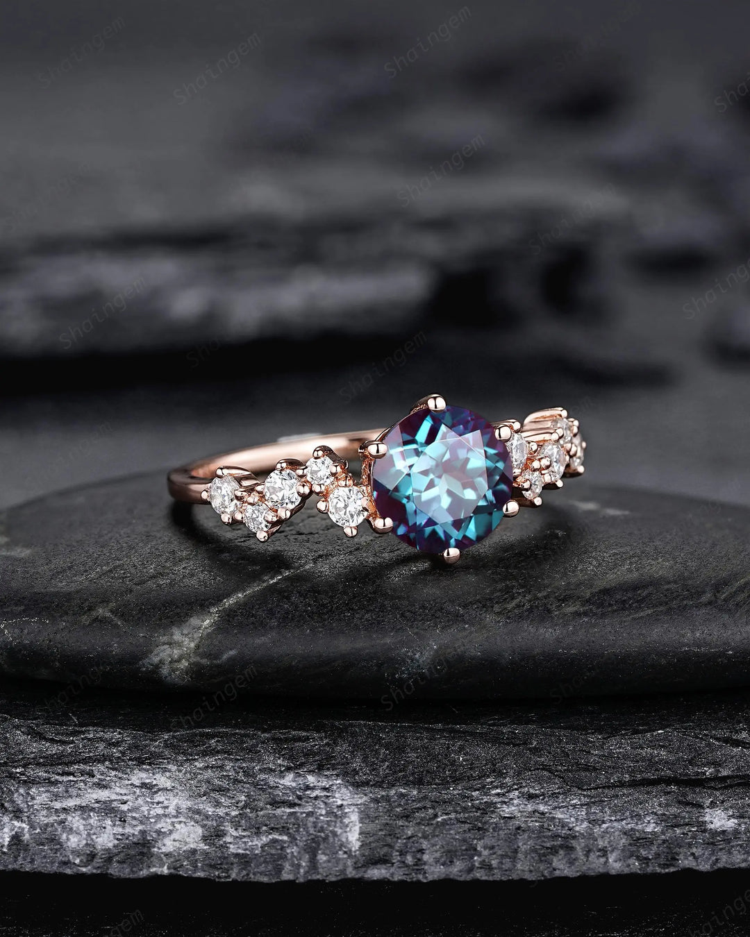 Platinum Round Shape Alexandrite Diamond Cluster Engagement Ring, Vintage 10K 14K 18K Rose Gold Silver 925 Promise Wedding June Birthstone - ShainJewelry
