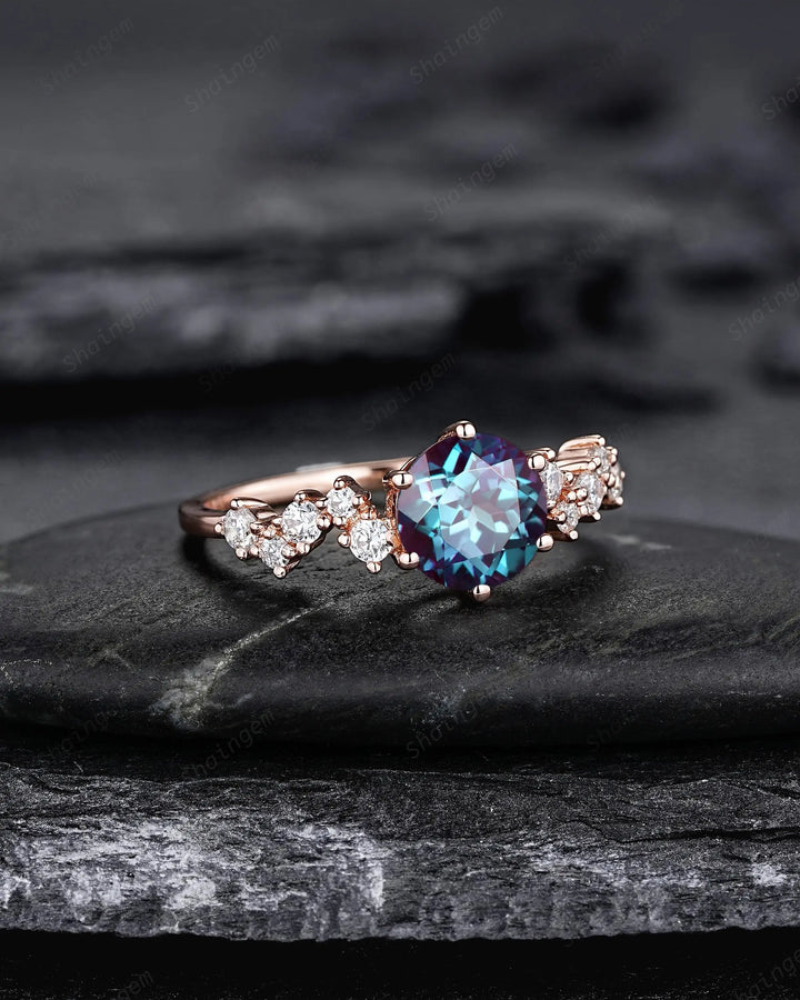 Platinum Round Shape Alexandrite Diamond Cluster Engagement Ring, Vintage 10K 14K 18K Rose Gold Silver 925 Promise Wedding June Birthstone - ShainJewelry