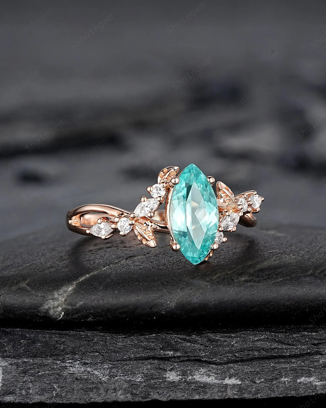 Marquise Paraiba Blue Tourmaline Engagement Ring, Cluster 10k 14k 18k Rose Gold Promise 925 Silver Leaf Wedding Nature Inspired Platinum - ShainJewelry