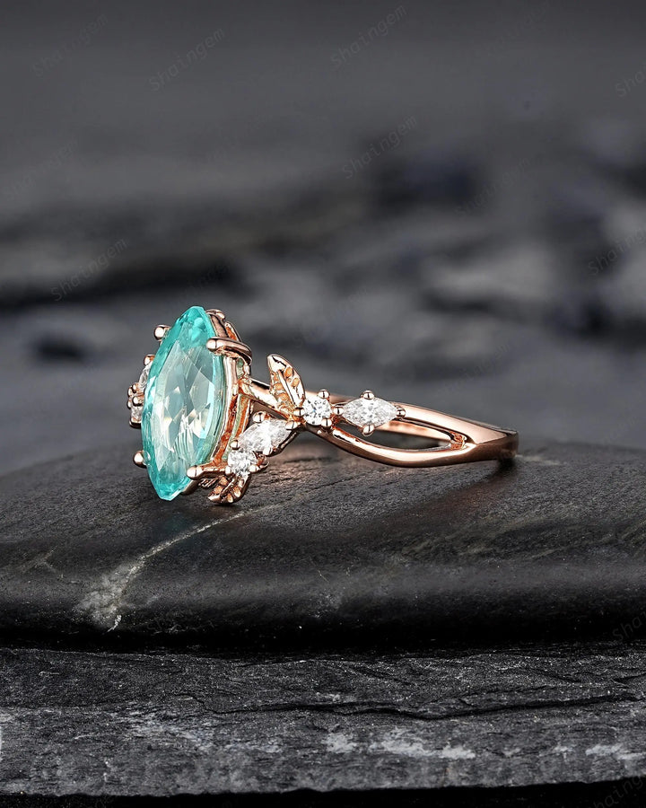 Marquise Paraiba Blue Tourmaline Engagement Ring, Cluster 10k 14k 18k Rose Gold Promise 925 Silver Leaf Wedding Nature Inspired Platinum - ShainJewelry