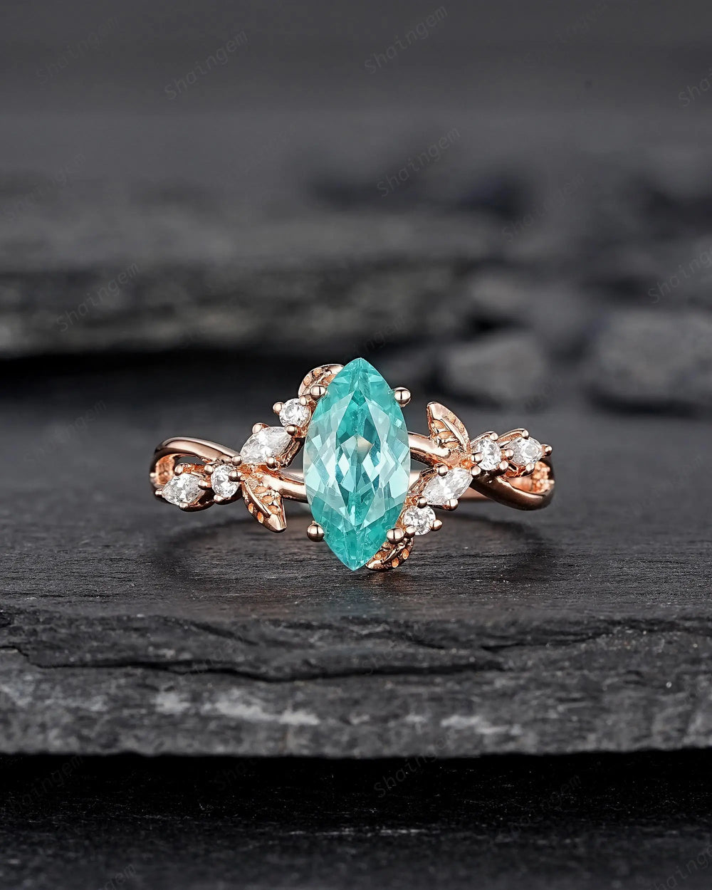 Marquise Paraiba Blue Tourmaline Engagement Ring, Cluster 10k 14k 18k Rose Gold Promise 925 Silver Leaf Wedding Nature Inspired Platinum - ShainJewelry