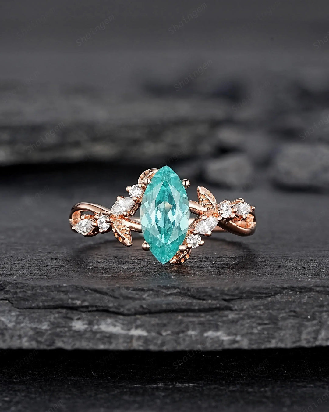Marquise Paraiba Blue Tourmaline Engagement Ring, Cluster 10k 14k 18k Rose Gold Promise 925 Silver Leaf Wedding Nature Inspired Platinum - ShainJewelry