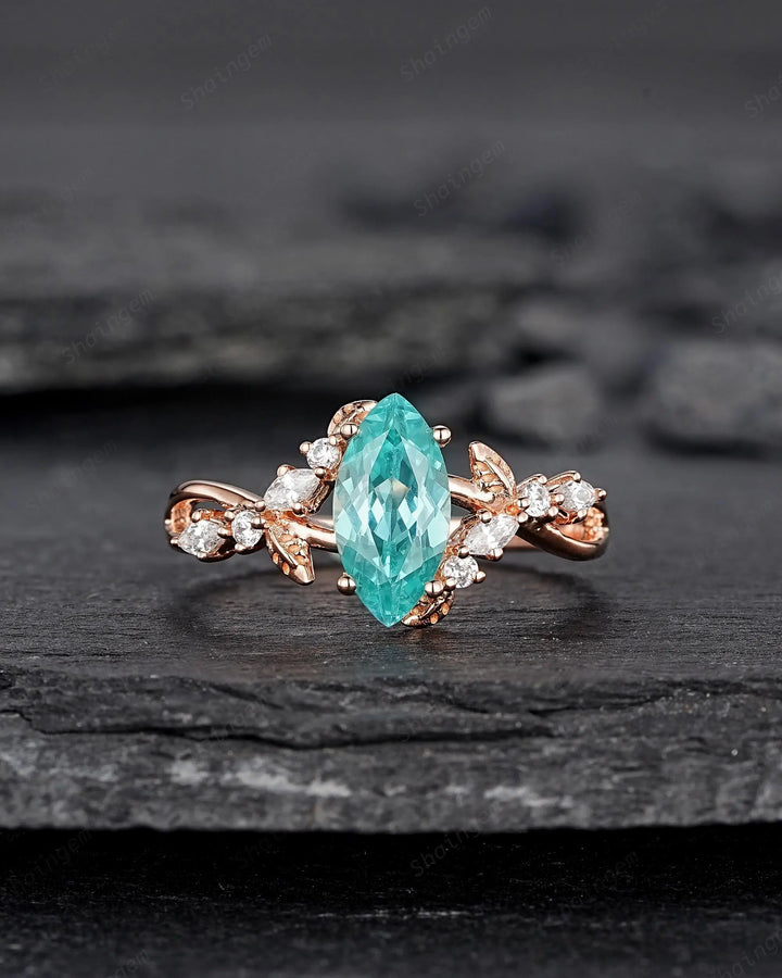 Marquise Paraiba Blue Tourmaline Engagement Ring, Cluster 10k 14k 18k Rose Gold Promise 925 Silver Leaf Wedding Nature Inspired Platinum - ShainJewelry
