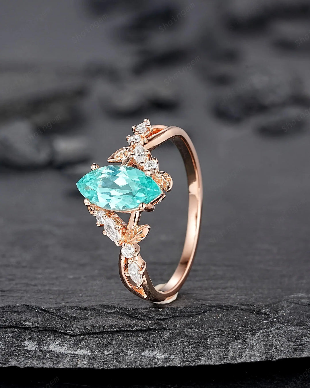 Marquise Paraiba Blue Tourmaline Engagement Ring, Cluster 10k 14k 18k Rose Gold Promise 925 Silver Leaf Wedding Nature Inspired Platinum - ShainJewelry