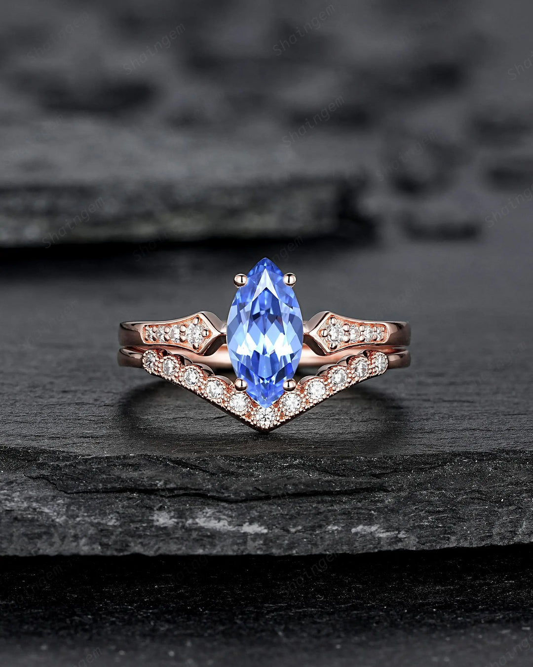 Marquise Blue Sapphire Engagement Ring Set: 10K 14K 18K Rose Gold Milgrain Wedding Promise, Platinum Diamond, Curved V Shape Half Eternity - ShainJewelry