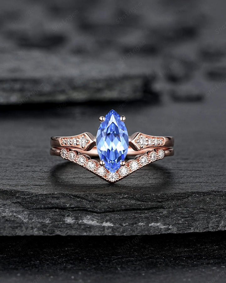 Marquise Blue Sapphire Engagement Ring Set: 10K 14K 18K Rose Gold Milgrain Wedding Promise, Platinum Diamond, Curved V Shape Half Eternity - ShainJewelry