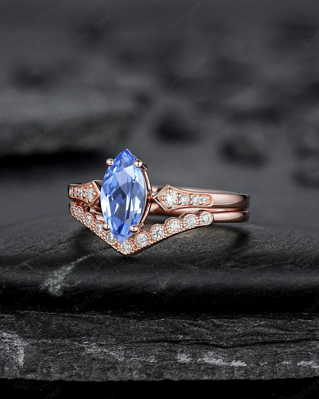 Marquise Blue Sapphire Engagement Ring Set: 10K 14K 18K Rose Gold Milgrain Wedding Promise, Platinum Diamond, Curved V Shape Half Eternity - ShainJewelry