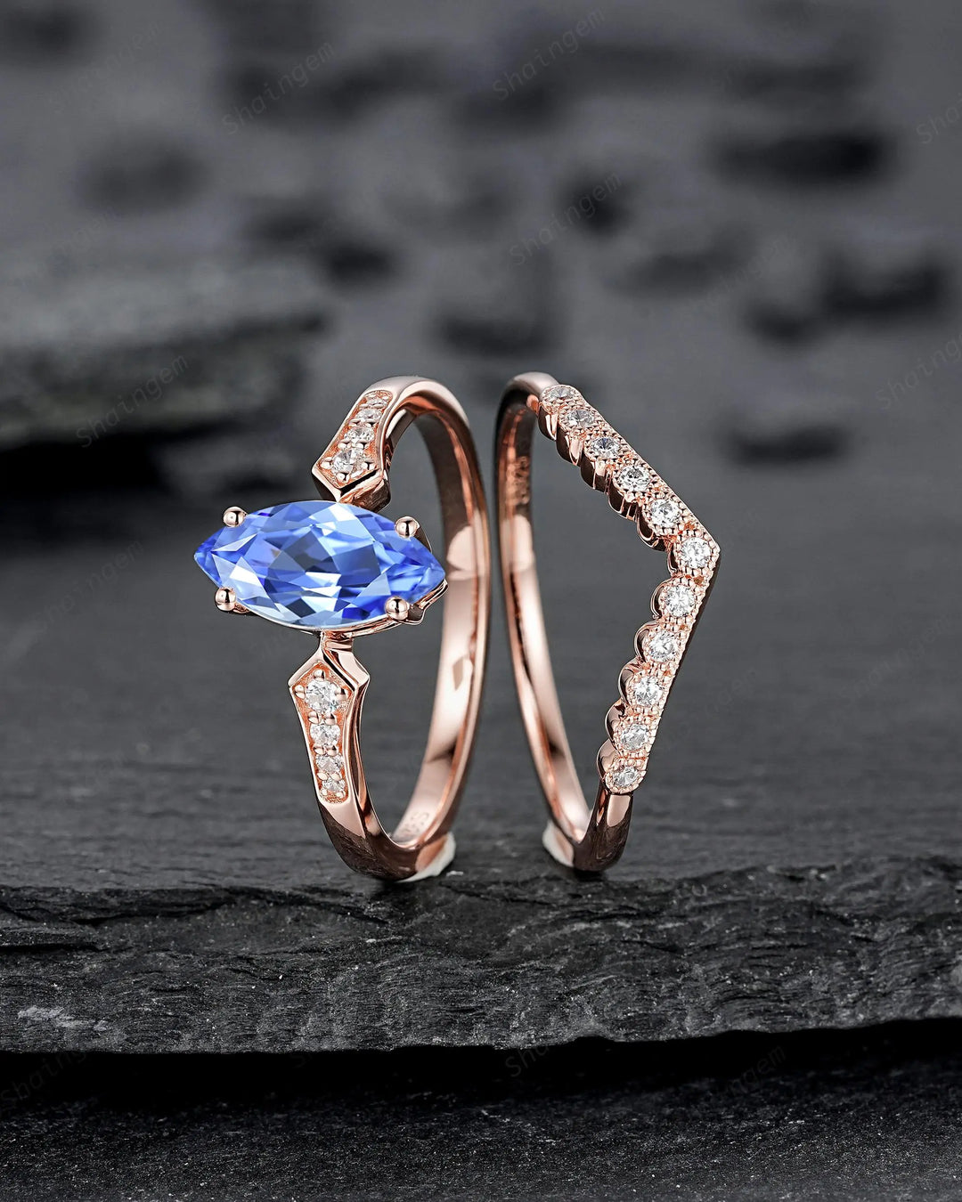 Marquise Blue Sapphire Engagement Ring Set: 10K 14K 18K Rose Gold Milgrain Wedding Promise, Platinum Diamond, Curved V Shape Half Eternity - ShainJewelry