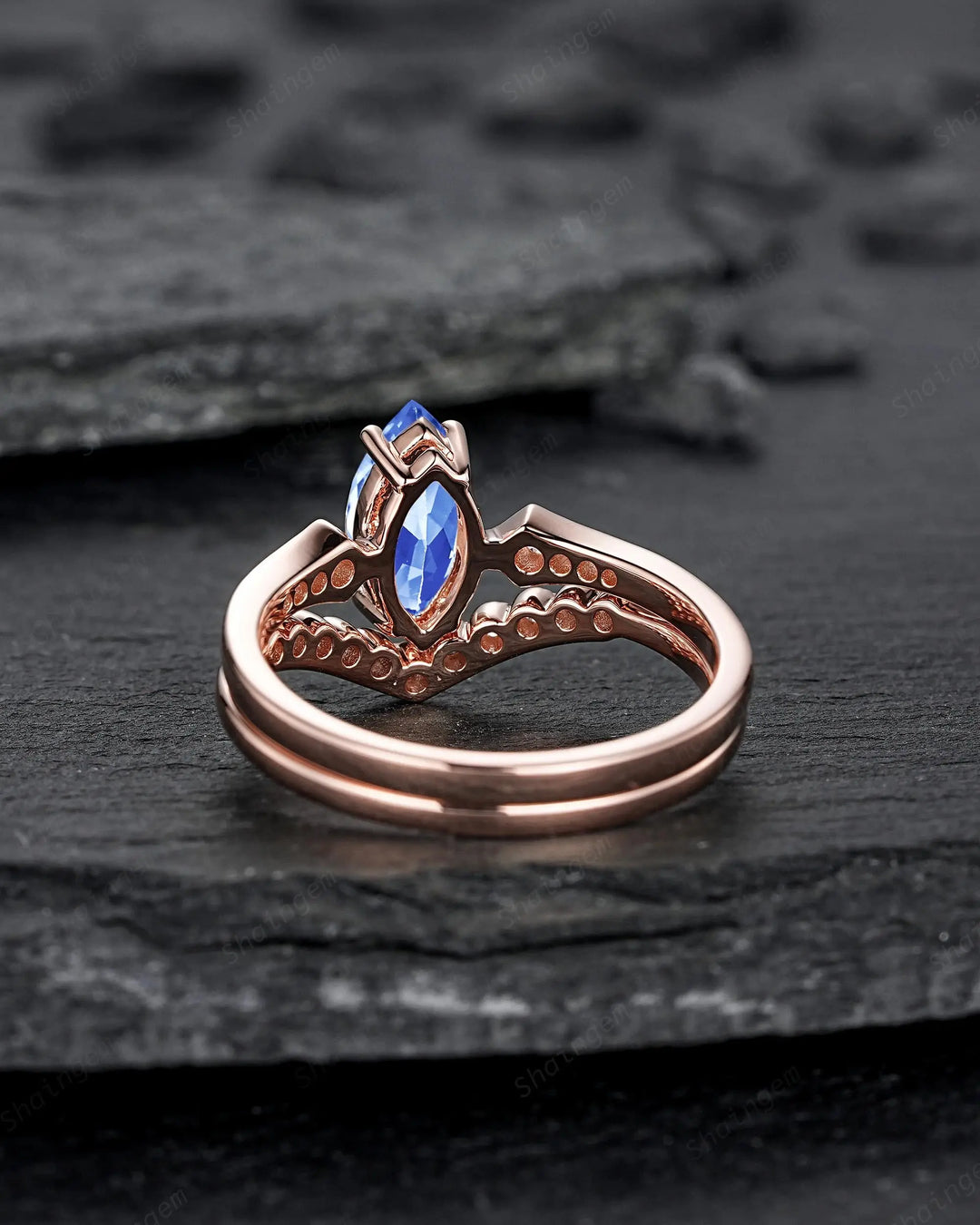 Marquise Blue Sapphire Engagement Ring Set: 10K 14K 18K Rose Gold Milgrain Wedding Promise, Platinum Diamond, Curved V Shape Half Eternity - ShainJewelry