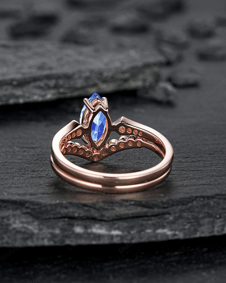 Marquise Blue Sapphire Engagement Ring Set: 10K 14K 18K Rose Gold Milgrain Wedding Promise, Platinum Diamond, Curved V Shape Half Eternity - ShainJewelry