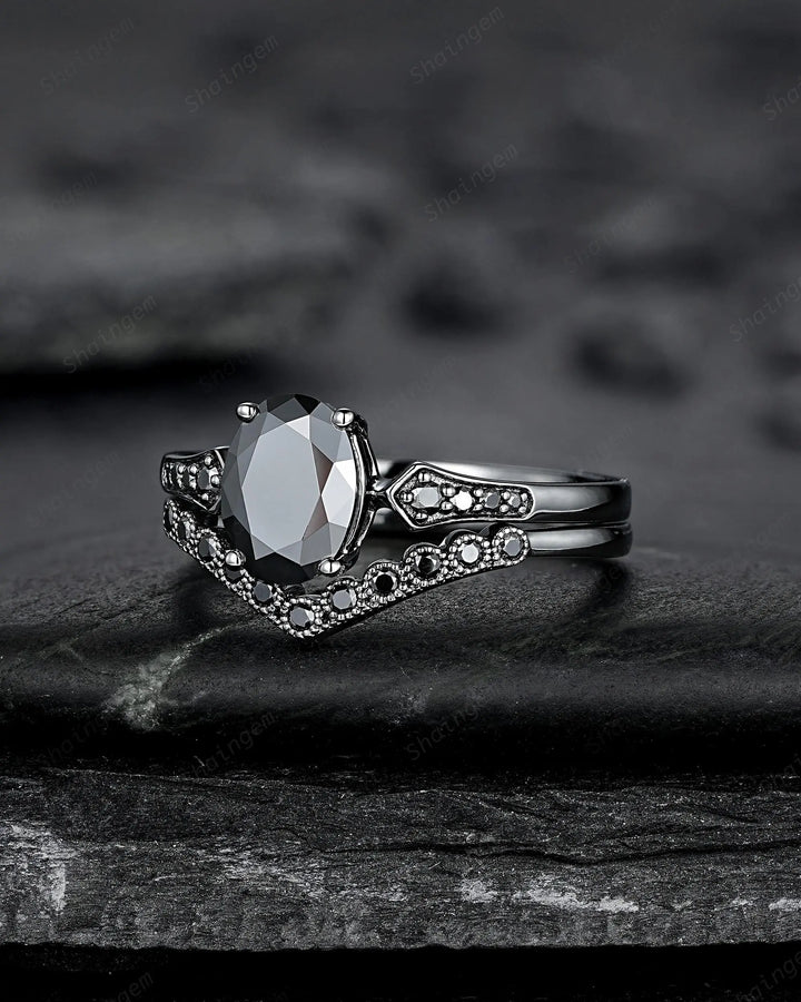 Gothic Oval Shape Black Moissanite Engagement Ring Set, Witchy Promise Ring, Gothic Black Rhodium Wedding Anniversary Gift for Women - ShainJewelry