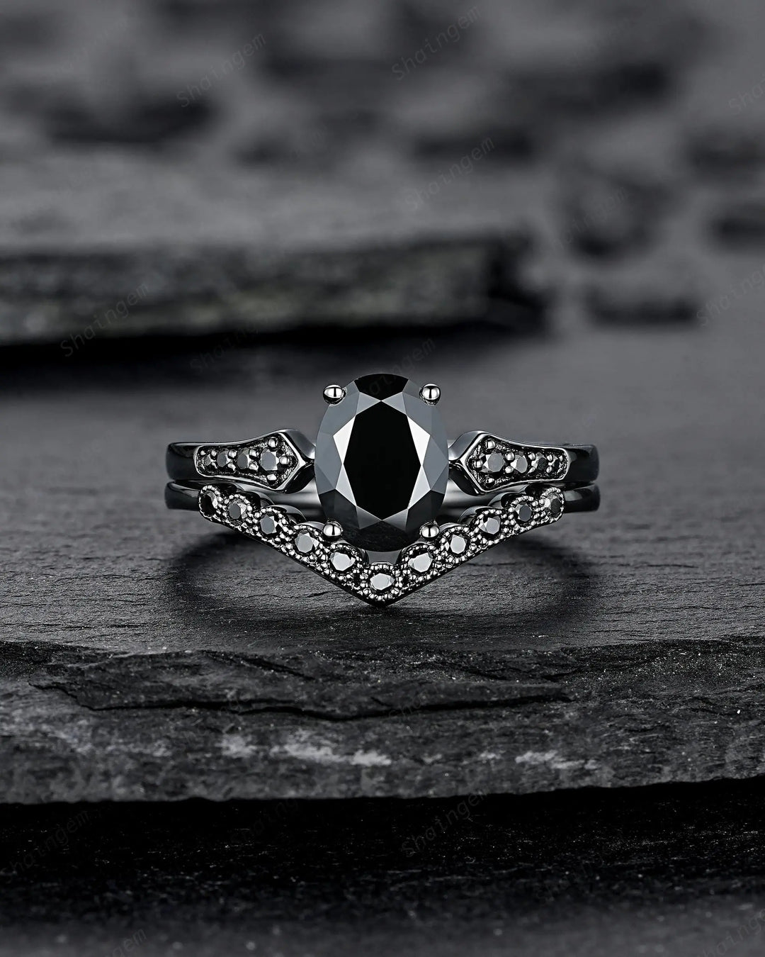 Gothic Oval Shape Black Moissanite Engagement Ring Set, Witchy Promise Ring, Gothic Black Rhodium Wedding Anniversary Gift for Women - ShainJewelry