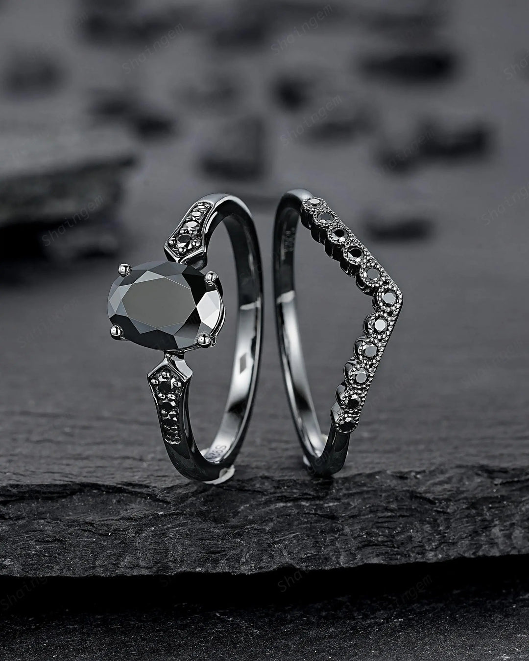 Gothic Oval Shape Black Moissanite Engagement Ring Set, Witchy Promise Ring, Gothic Black Rhodium Wedding Anniversary Gift for Women - ShainJewelry