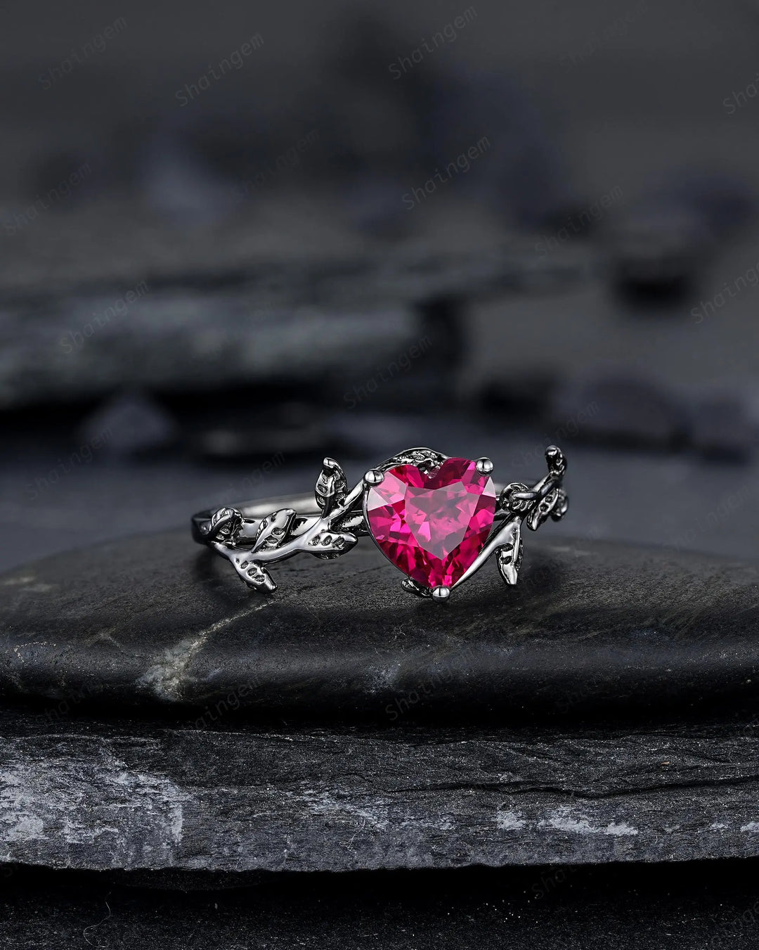 Gothic Heart Shape Ruby Engagement Ring: Dark Black Rhodium Twig Branch Promise Punk Vine Wedding Ring, Solitaire One Stone July Birthstone - ShainJewelry