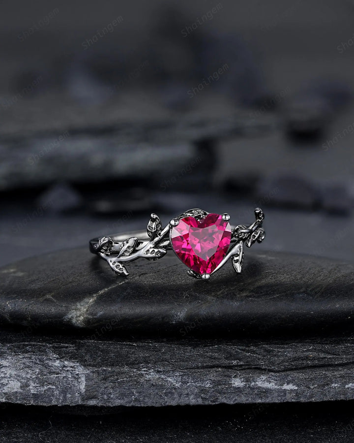 Gothic Heart Shape Ruby Engagement Ring: Dark Black Rhodium Twig Branch Promise Punk Vine Wedding Ring, Solitaire One Stone July Birthstone - ShainJewelry