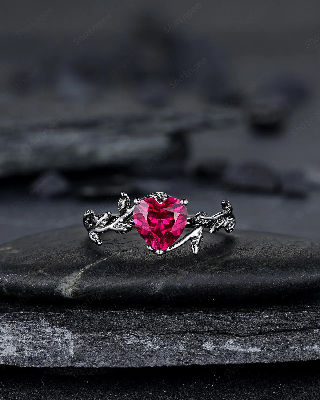 Gothic Heart Shape Ruby Engagement Ring: Dark Black Rhodium Twig Branch Promise Punk Vine Wedding Ring, Solitaire One Stone July Birthstone - ShainJewelry