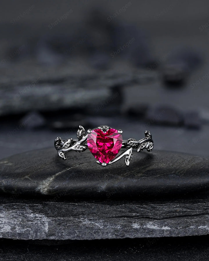 Gothic Heart Shape Ruby Engagement Ring: Dark Black Rhodium Twig Branch Promise Punk Vine Wedding Ring, Solitaire One Stone July Birthstone - ShainJewelry