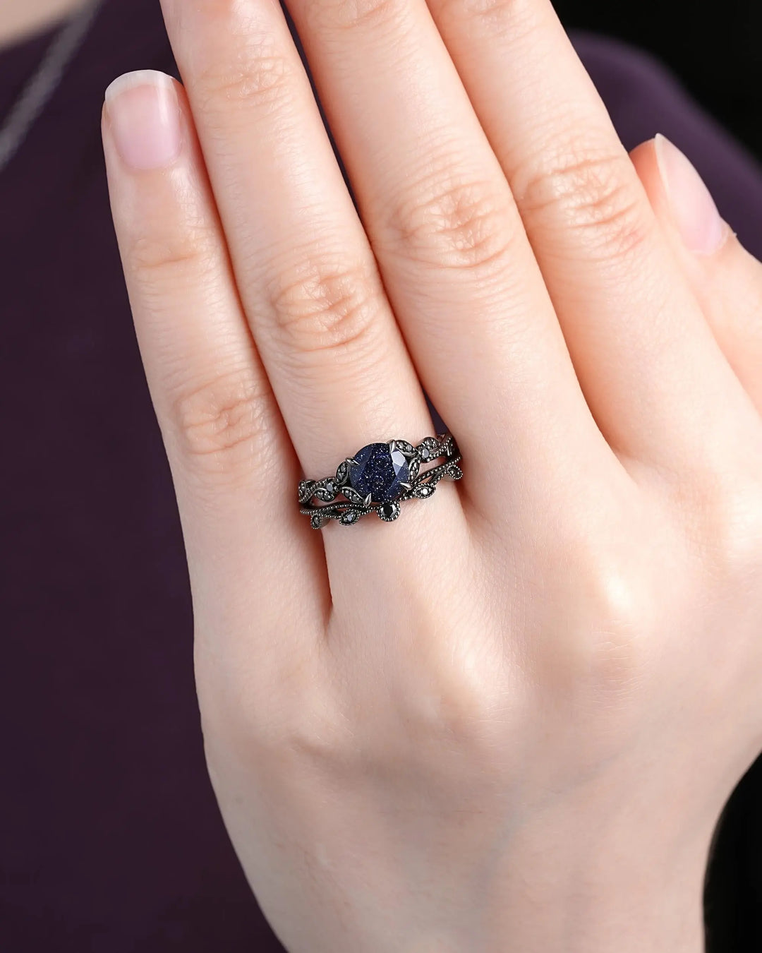 Gothic Round Shape Blue Sandstone Engagement Ring Set, Witchy Black Rhodium Promise Ring, Black Wedding Goth Milgrain Bridal Set for Women - ShainJewelry