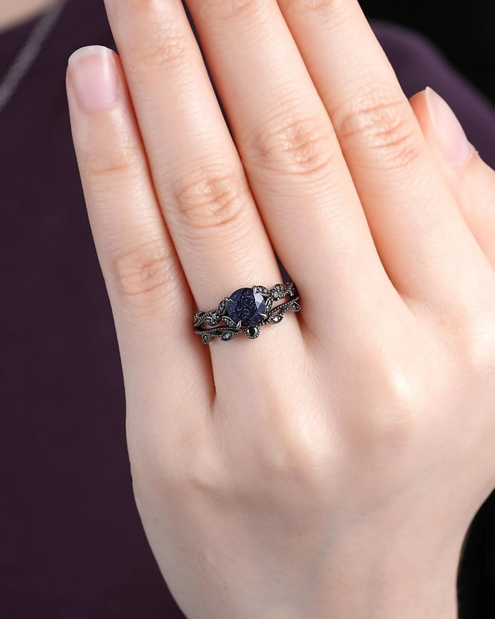 Gothic Round Shape Blue Sandstone Engagement Ring Set, Witchy Black Rhodium Promise Ring, Black Wedding Goth Milgrain Bridal Set for Women - ShainJewelry