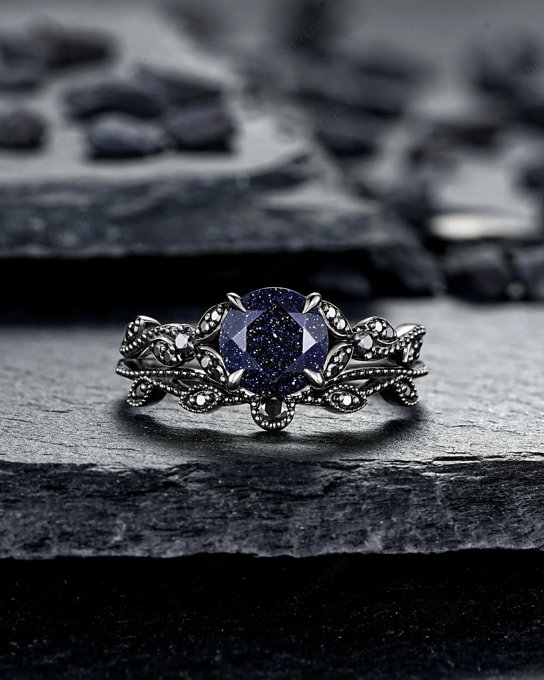Gothic Round Shape Blue Sandstone Engagement Ring Set, Witchy Black Rhodium Promise Ring, Black Wedding Goth Milgrain Bridal Set for Women - ShainJewelry